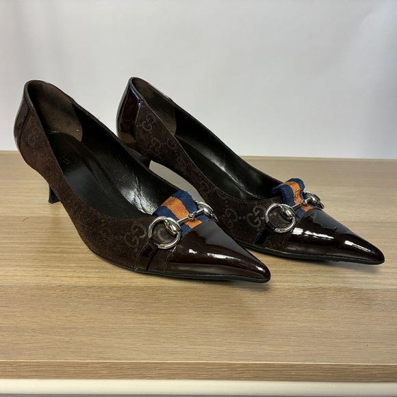 Gucci Vintage Monogram Suede & Patent Leather Horsebit Pumps - Picture 1 of 6